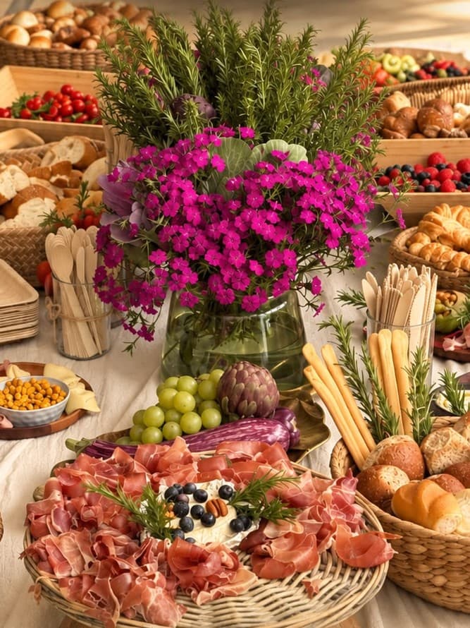 Mesa de catering ambientada para un evento Sexto Sentido